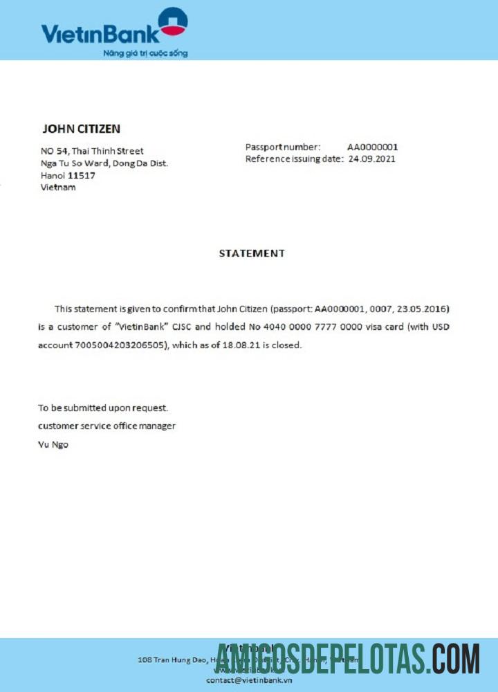 Referência de fechamento do Vietnam Vietinbank modelo